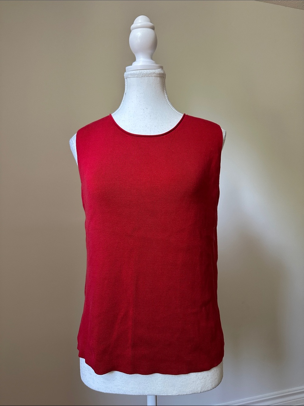 EILEEN FISHER Red Silk Cotton Preppy Careerwear Knit Sleeveless Top Petite Large